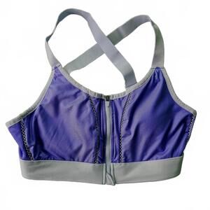 Fabletics Zoe Sports Bra M High Impact Blue White Lace Zipper Peekaboo Back